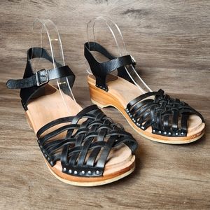 Troentorp Anna Clog Italian Leather Wood Braided Black Sandal Sz 38 US Sz 7.5